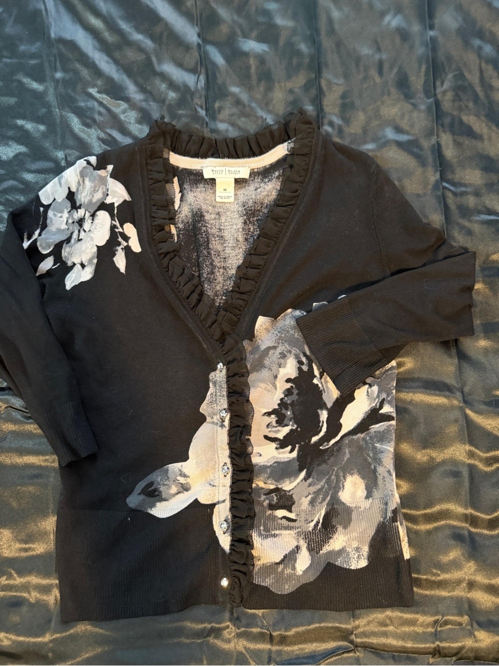 White House Black Market Black Floral Ruffle-Trim Cardigan